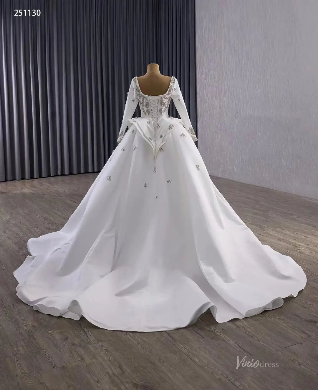 Couture Beaded Wedding Dress with Satin Overskirt | Square Neck Sheath Gown with Long Sleeves 251130-wedding dresses 2025 -Viniodress-Ivory-Custom Size-
