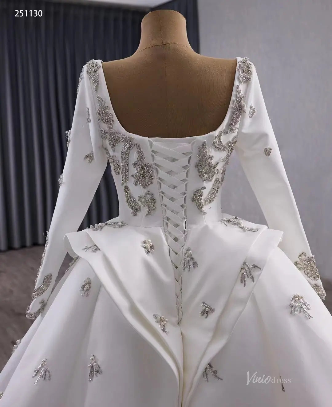 Couture Beaded Wedding Dress with Satin Overskirt | Square Neck Sheath Gown with Long Sleeves 251130-wedding dresses 2025 -Viniodress-Ivory-Custom Size-