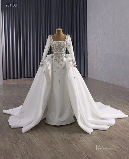 Couture Beaded Wedding Dress with Satin Overskirt | Square Neck Sheath Gown with Long Sleeves 251130-wedding dresses 2025 -Viniodress-Ivory-Custom Size-