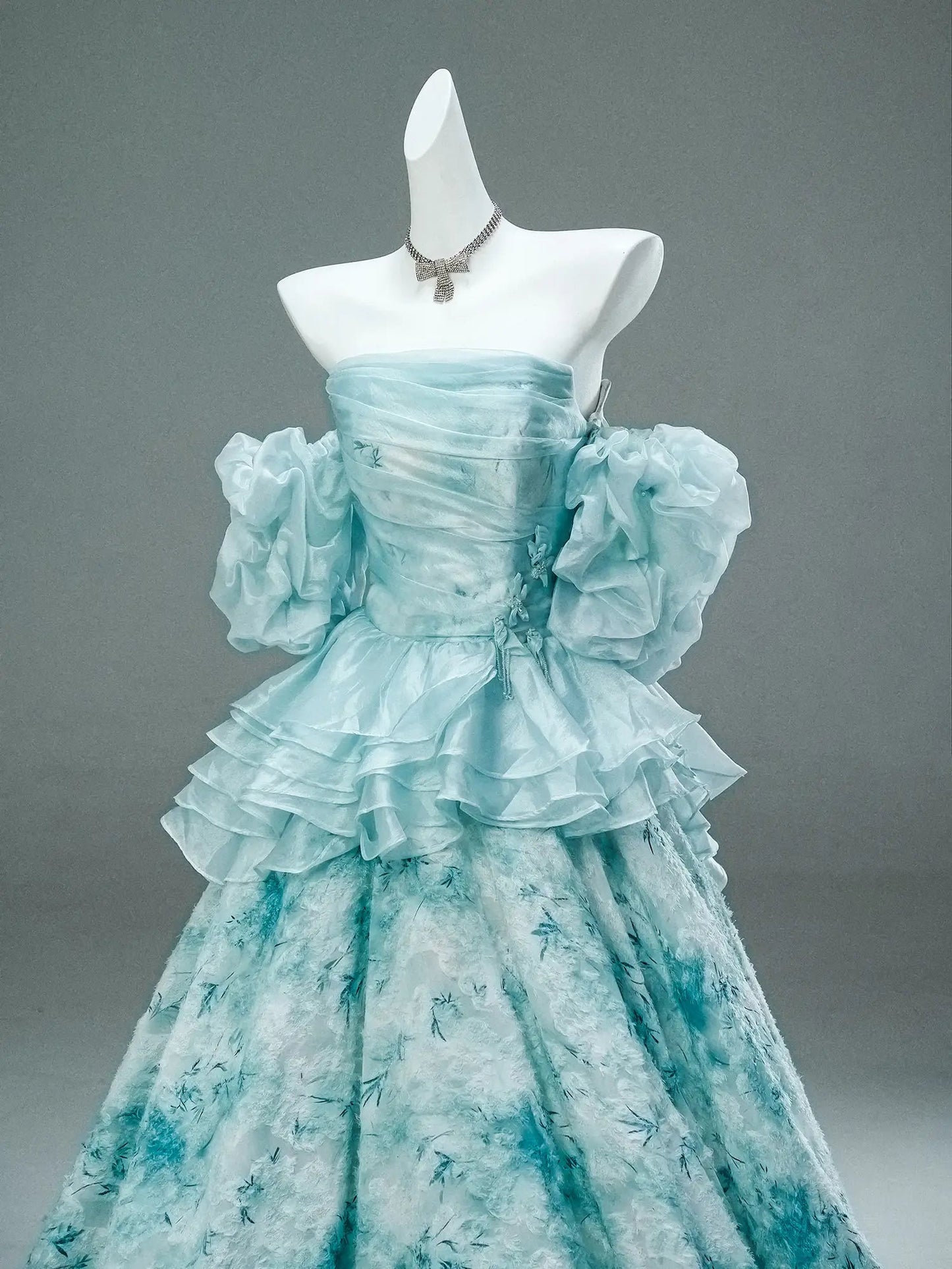 Blue Formal Gown with Organza Bodice, Sparkly Lace Bottom, Ruffled Waist & Puffed Sleeve - CQ0124 - ViniodressCouture GownBlueCustom Size - Formal Dresses - Ball Gowns