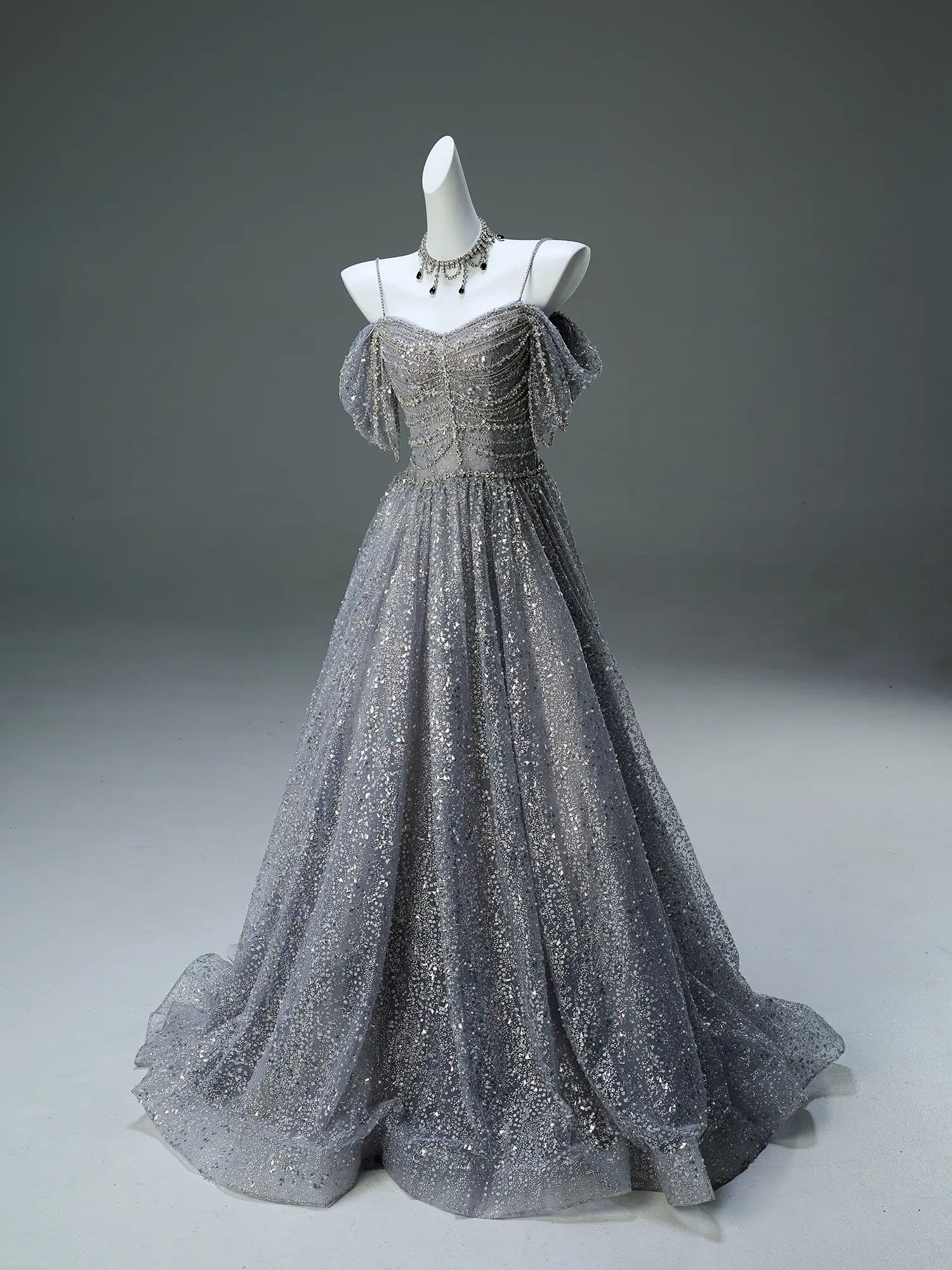 Couture Gown 2025 Grey Off the Shoulder Formal Dress with Sparkly Tulle, Rhinestone & Spaghetti Straps - CQ0130-plus size wedding dresses Viniodress-Grey-Custom Size-