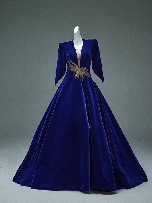 Royal Blue Velvet Prom Dresses with Plunging V - Neck, Short Sleeve & Corset Back - CQ0101 - ViniodressCouture GownBlueCustom Size - Formal Dresses - Ball Gowns