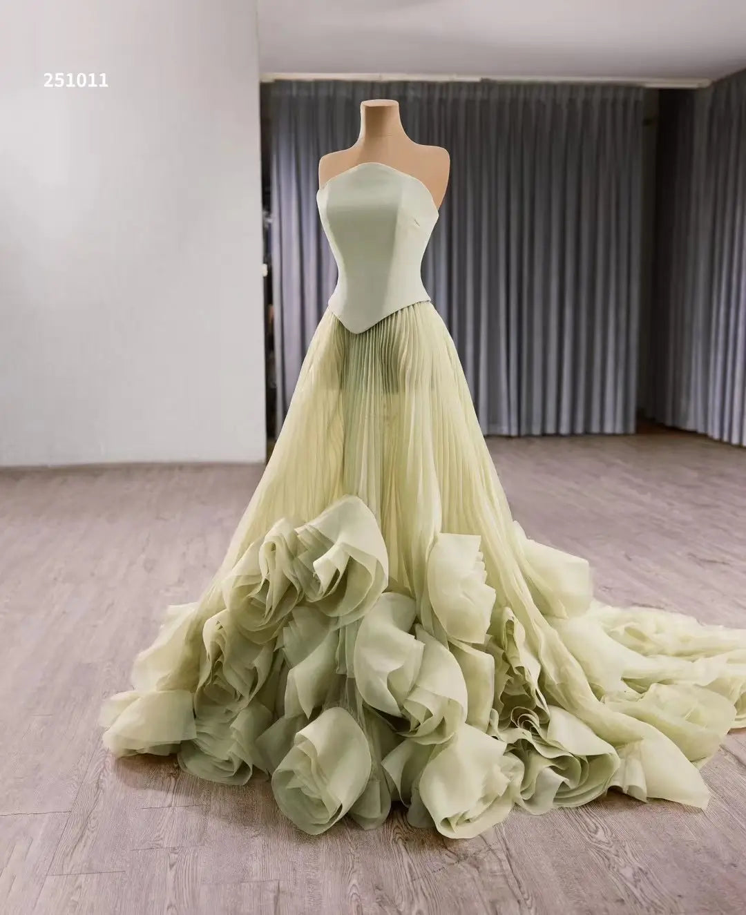 Sage Green Rosette Gala Dress Strapless Unique Formal Gown 251011 - ViniodressCouture GownSageCustom Size - Formal Dresses - Ball Gowns