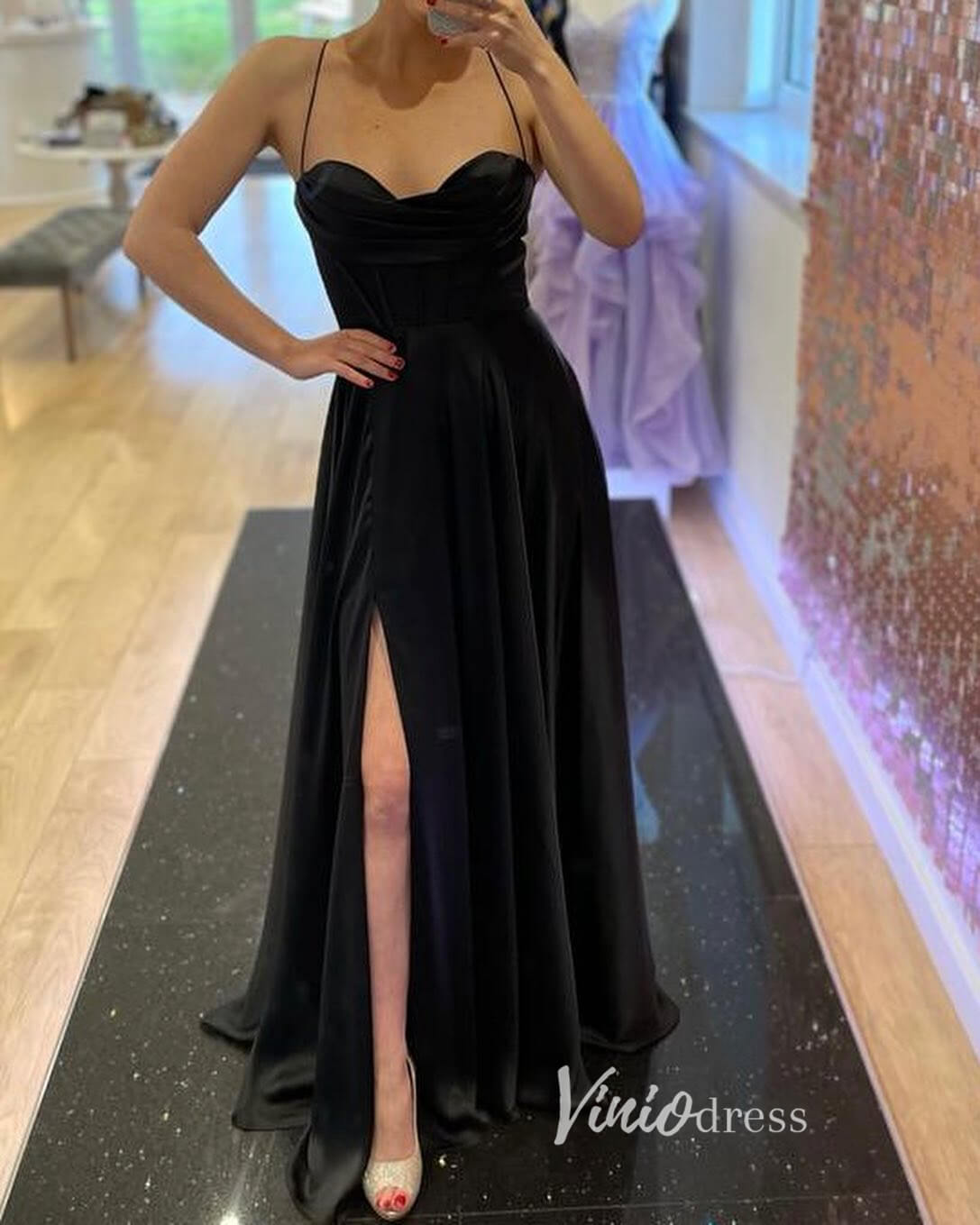 Cowl Neck Satin Prom Dresses with Slit Spaghetti Strap Evening Dress FD3355-prom dresses 2025 -Viniodress-Black-Custom Size-