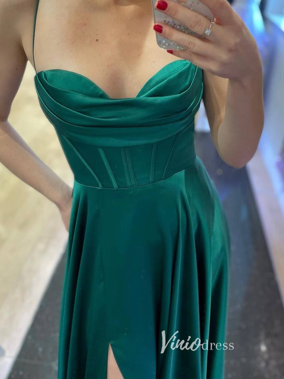 Cowl Neck Satin Prom Dresses with Slit Spaghetti Strap Evening Dress FD3355-prom dresses 2025 -Viniodress-Emerald Green-Custom Size-