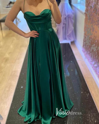 Cowl Neck Satin Prom Dresses with Slit Spaghetti Strap Evening Dress FD3355-prom dresses 2025 -Viniodress-Emerald Green-Custom Size-