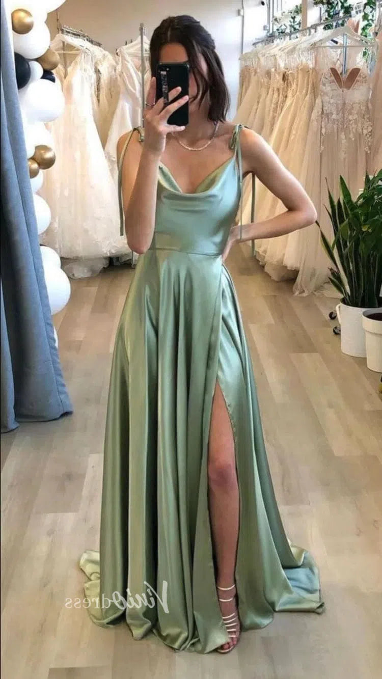 Cowl Neck Silky Satin Long Prom Dress with Slit Spaghetti Strao FD1642-prom dresses 2025 -Viniodress-Emerald Green-Custom Size-