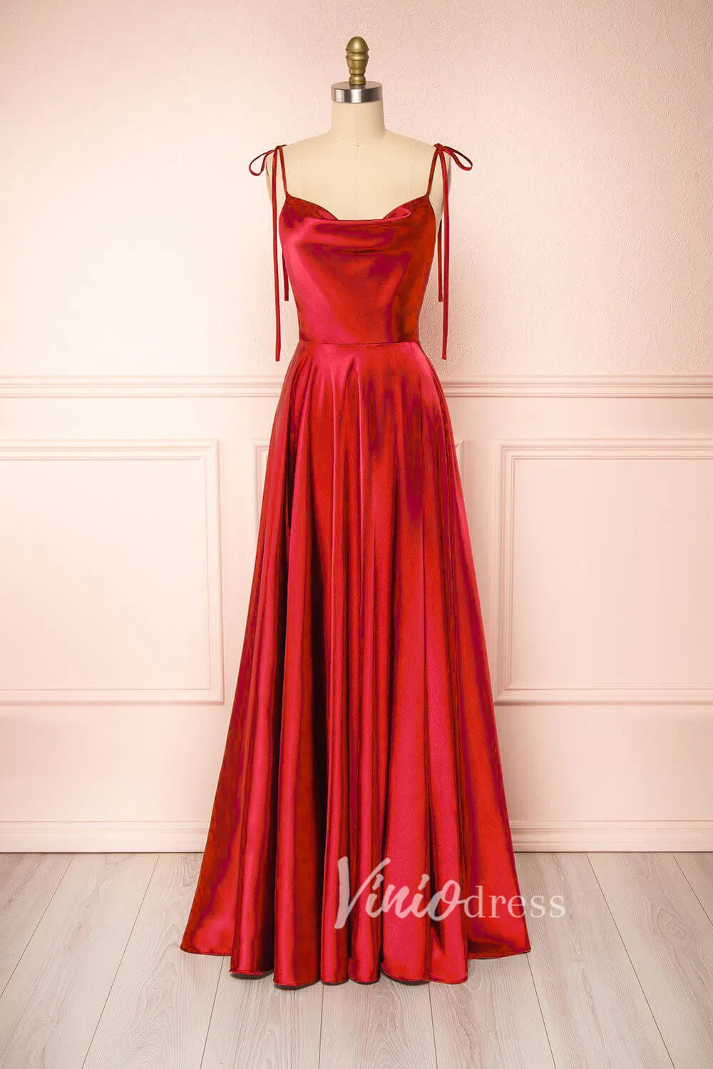 Cowl Neck Silky Satin Long Prom Dress with Slit Spaghetti Strao FD1642-prom dresses 2025 -Viniodress-Red-Custom Size-