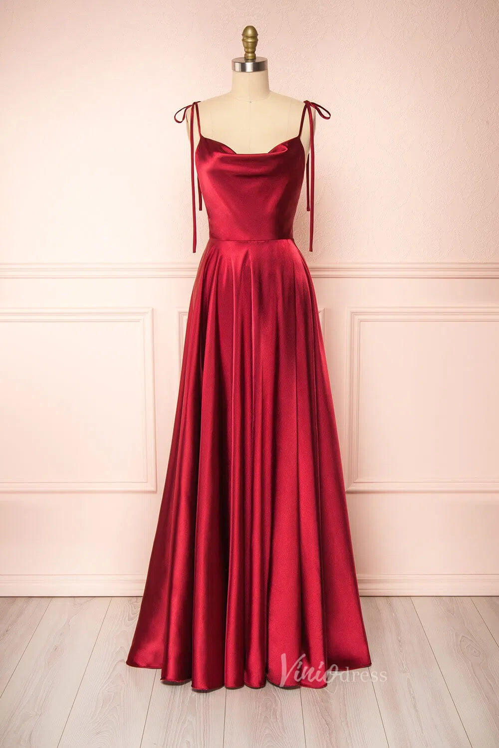 Cowl Neck Silky Satin Long Prom Dress with Slit Spaghetti Strao FD1642-prom dresses 2025 -Viniodress-Burgundy-Custom Size-