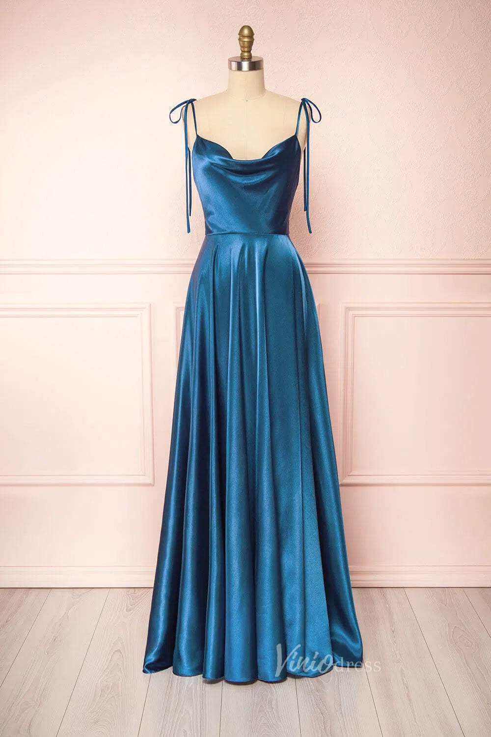 Cowl Neck Silky Satin Long Prom Dress with Slit Spaghetti Strao FD1642-prom dresses-Viniodress-Blue-Custom Size-Viniodress