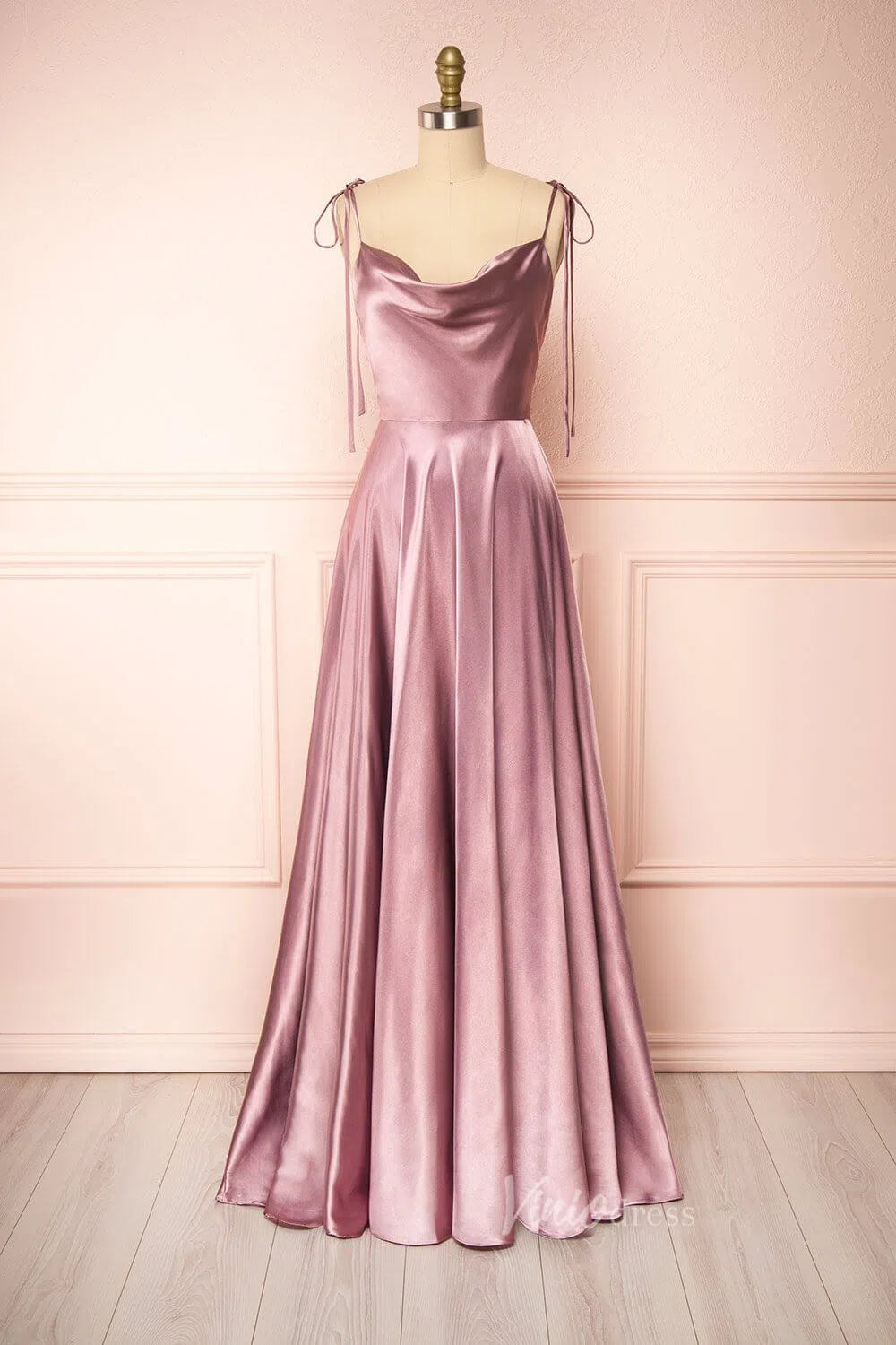 Cowl Neck Silky Satin Long Prom Dress with Slit Spaghetti Strao FD1642-prom dresses-Viniodress-Dusty Rose-Custom Size-Viniodress