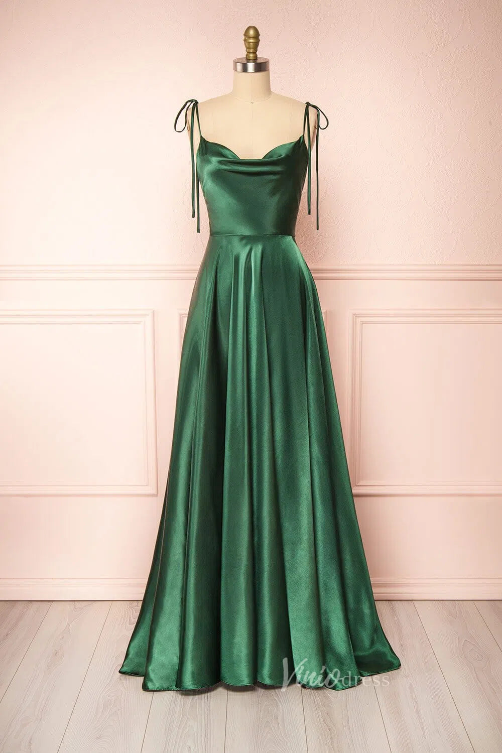 Cowl Neck Silky Satin Long Prom Dress with Slit Spaghetti Strao FD1642-prom dresses-Viniodress-Emerald Green-Custom Size-Viniodress