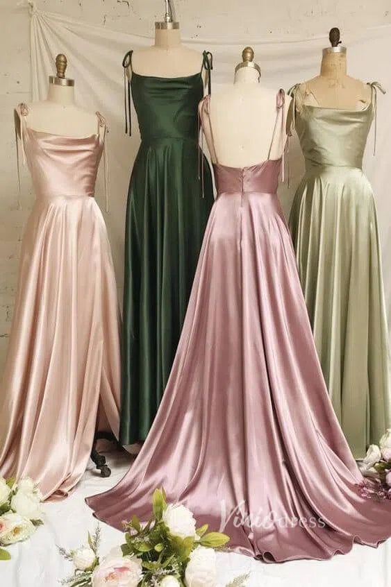 Cowl Neck Silky Satin Long Prom Dress with Slit Spaghetti Strao FD1642-prom dresses-Viniodress-Viniodress