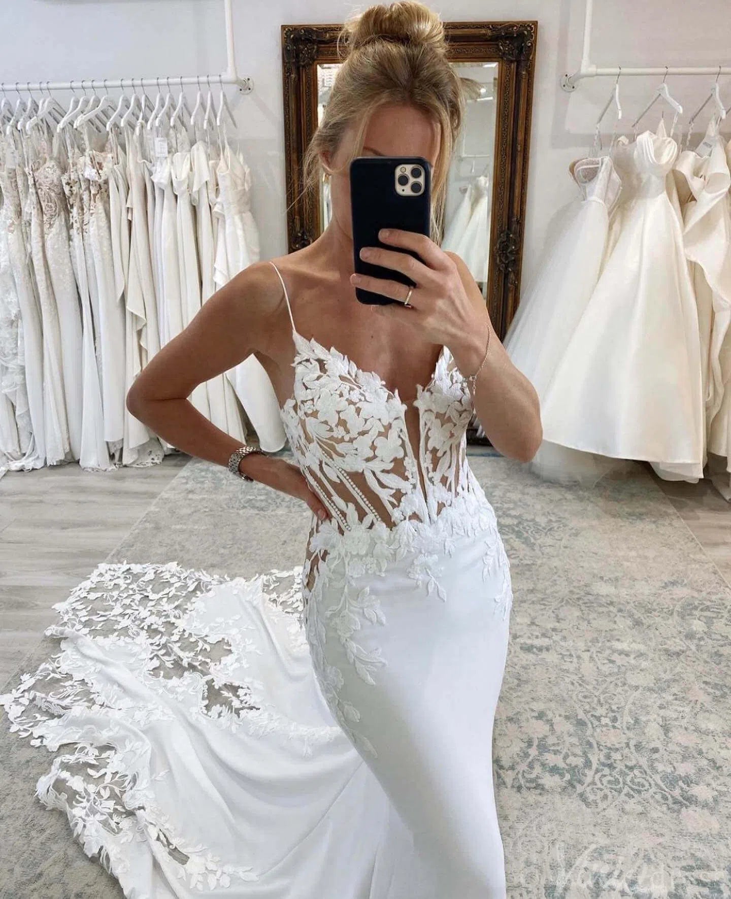 Crepe Mermaid Wedding Dress | Plunging V-Neck Gown with Lace Appliqué Straps, Boned Bodice & Petal Train SL002-wedding dresses 2025 -Viniodress-Ivory-Custom Size-