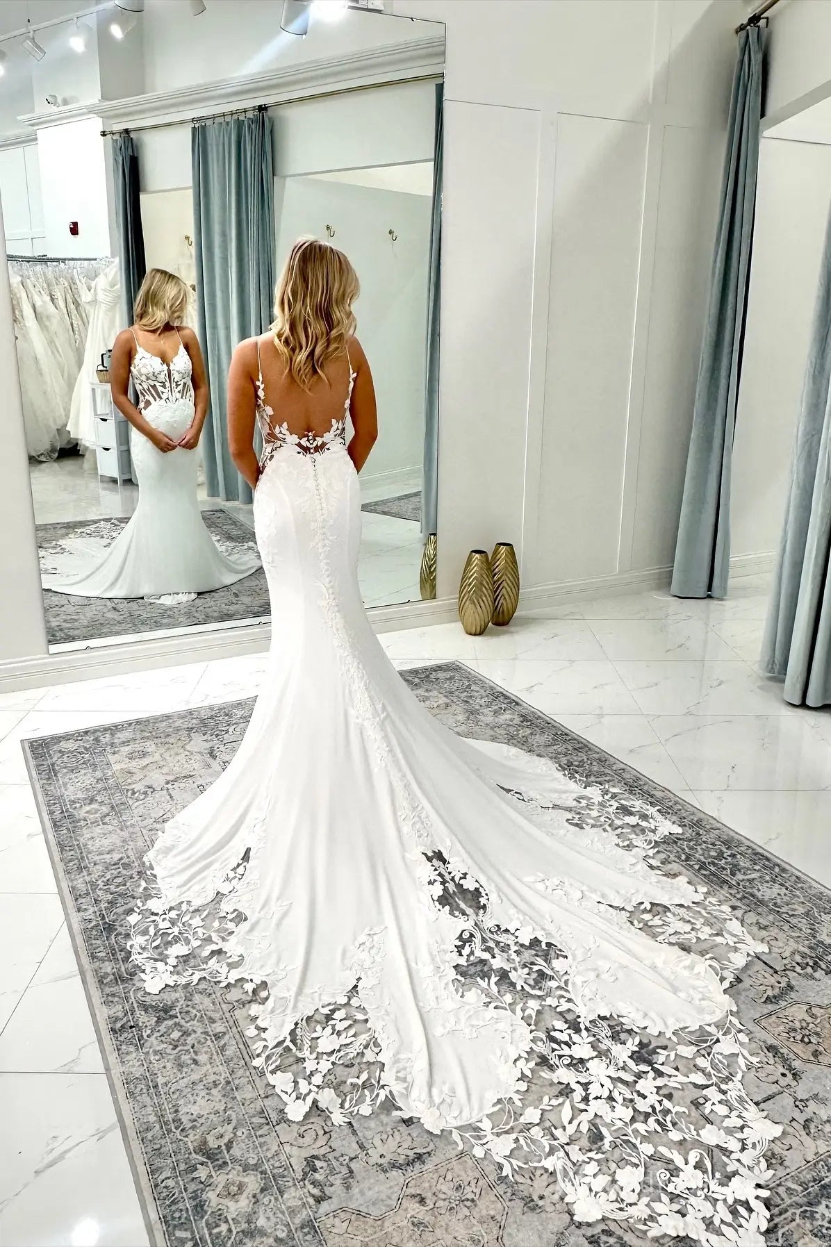 Crepe Mermaid Wedding Dress | Plunging V-Neck Gown with Lace Appliqué Straps, Boned Bodice & Petal Train SL002-wedding dresses 2025 -Viniodress-Ivory-Custom Size-