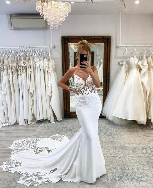 Crepe Mermaid Wedding Dress | Plunging V-Neck Gown with Lace Appliqué Straps, Boned Bodice & Petal Train SL002-wedding dresses 2025 -Viniodress-Ivory-Custom Size-