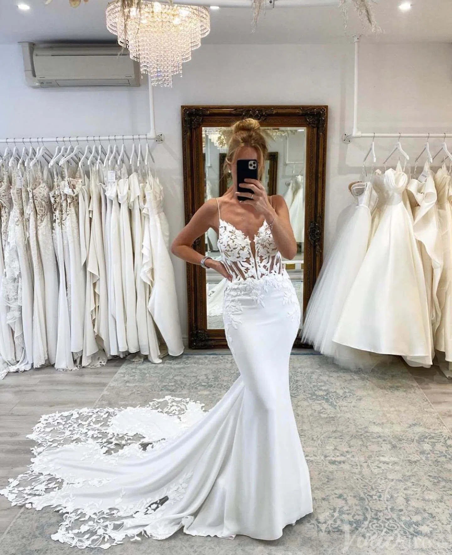 Crepe Mermaid Wedding Dress | Plunging V-Neck Gown with Lace Appliqué Straps, Boned Bodice & Petal Train SL002-wedding dresses 2025 -Viniodress-Ivory-Custom Size-