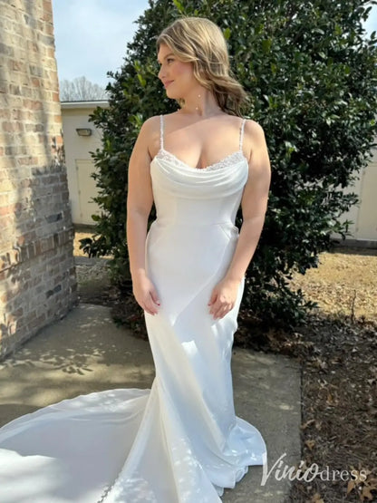 Crepe Mermaid Wedding Dress with Cowl Neckline and Pearl Straps – VW2609-wedding dresses 2025 -Viniodress-Ivory-Custom Size-