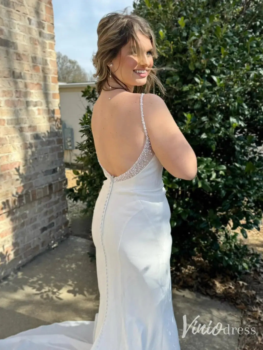 Crepe Mermaid Wedding Dress with Cowl Neckline and Pearl Straps – VW2609-wedding dresses 2025 -Viniodress-Ivory-Custom Size-