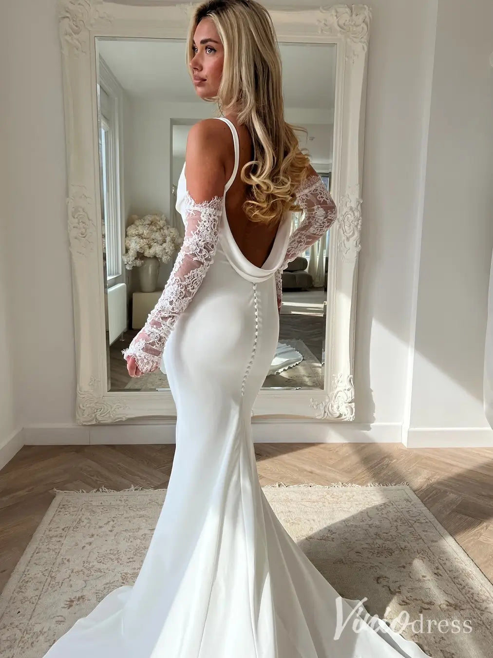 Crepe Mermaid Wedding Dress with Cowl Neckline, Draped Back & Lace Sleeves – MN101-wedding dresses 2025 -Viniodress-Ivory-Custom Size-