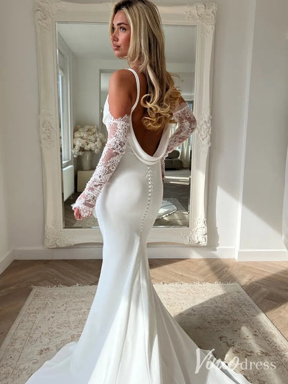 Crepe Mermaid Wedding Dress with Cowl Neckline, Draped Back & Lace Sleeves – MN101-wedding dresses 2025 -Viniodress-Ivory-Custom Size-