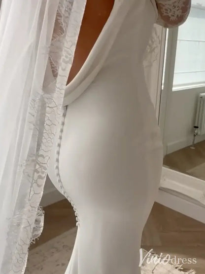 Crepe Mermaid Wedding Dress with Cowl Neckline, Draped Back & Lace Sleeves – MN101-wedding dresses 2025 -Viniodress-Ivory-Custom Size-