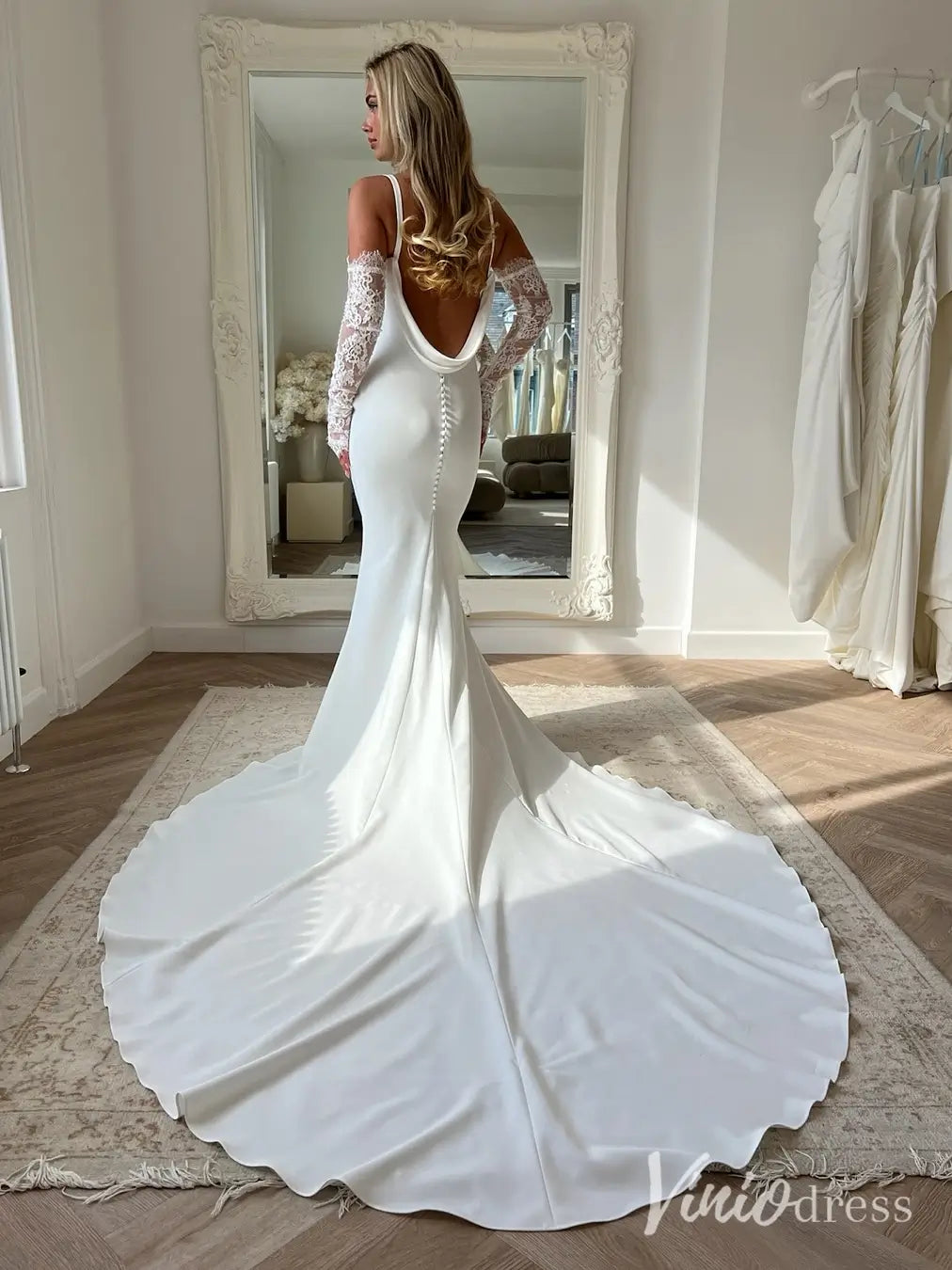 Crepe Mermaid Wedding Dress with Cowl Neck & Lace Sleeves MN101 Viniodress Crepe Mermaid Wedding Dress with Cowl Neck & Lace Sleeves MN101 Viniodress