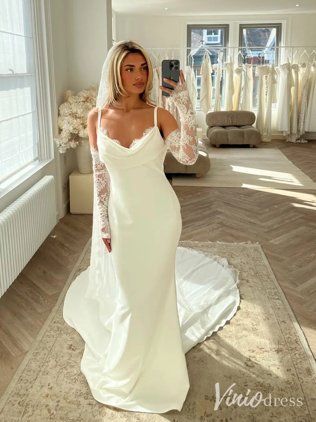Crepe Mermaid Wedding Dress with Cowl Neckline, Draped Back & Lace Sleeves – MN101-wedding dresses 2025 -Viniodress-Ivory-Custom Size-