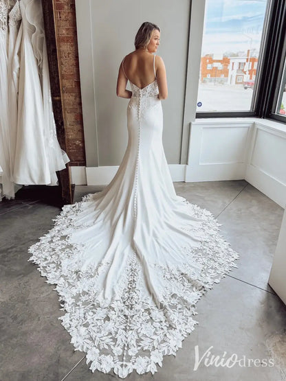 Crepe Mermaid Wedding Dress with Lace Appliqued Bodice, Plunging V-Neck & Chapel Train – ML121-wedding dresses 2025 -Viniodress-Ivory-Custom Size-