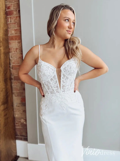 Crepe Mermaid Wedding Dress with Lace Appliqued Bodice, Plunging V-Neck & Chapel Train – ML121-wedding dresses 2025 -Viniodress-Ivory-Custom Size-