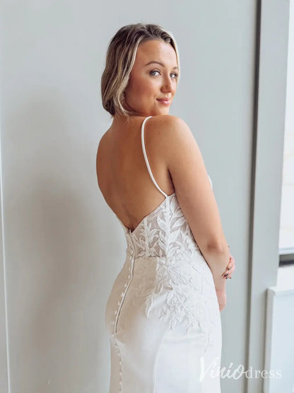 Crepe Mermaid Wedding Dress with Lace Appliqued Bodice, Plunging V-Neck & Chapel Train – ML121-wedding dresses 2025 -Viniodress-Ivory-Custom Size-