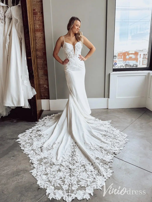 Crepe Mermaid Wedding Dress with Lace Appliqued Bodice, Plunging V-Neck & Chapel Train – ML121-wedding dresses 2025 -Viniodress-Ivory-Custom Size-