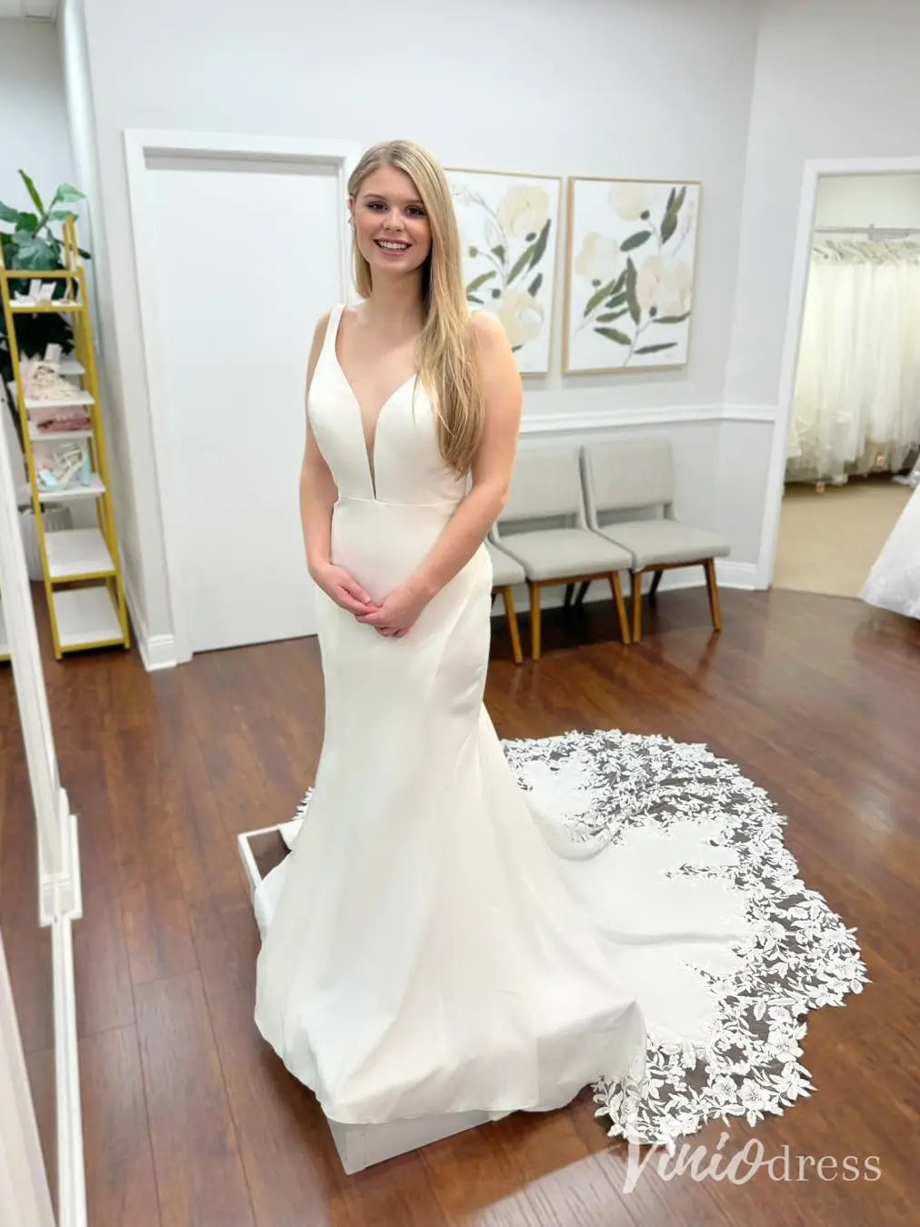 Crepe Mermaid Wedding Dress with Plunging Neckline, Illusion Lace Back, and Floral Chapel Train – ML131-wedding dresses 2025 -Viniodress-Ivory-Custom Size-