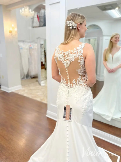 Crepe Mermaid Wedding Dress with Plunging Neckline, Illusion Lace Back, and Floral Chapel Train – ML131-wedding dresses 2025 -Viniodress-Ivory-Custom Size-