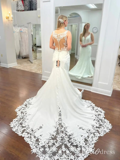 Crepe Mermaid Wedding Dress with Plunging Neckline, Illusion Lace Back, and Floral Chapel Train – ML131-wedding dresses 2025 -Viniodress-Ivory-Custom Size-