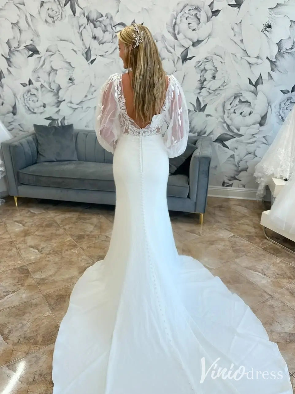 Crepe Mermaid Wedding Dress with Puff Tulle Sleeves and 3D Floral Lace Bodice – ML139-wedding dresses 2025 -Viniodress-Ivory-Custom Size-