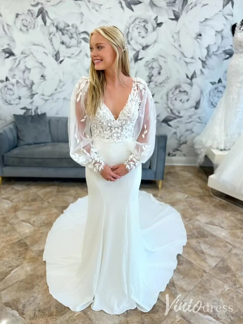 Crepe Mermaid Wedding Dress with Puff Tulle Sleeves and 3D Floral Lace Bodice – ML139-wedding dresses 2025 -Viniodress-Ivory-Custom Size-