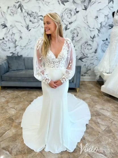 Crepe Mermaid Wedding Dress with Puff Tulle Sleeves and 3D Floral Lace Bodice – ML139-wedding dresses 2025 -Viniodress-Ivory-Custom Size-