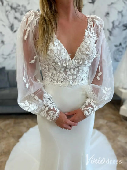 Crepe Mermaid Wedding Dress with Puff Tulle Sleeves and 3D Floral Lace Bodice – ML139-wedding dresses 2025 -Viniodress-Ivory-Custom Size-