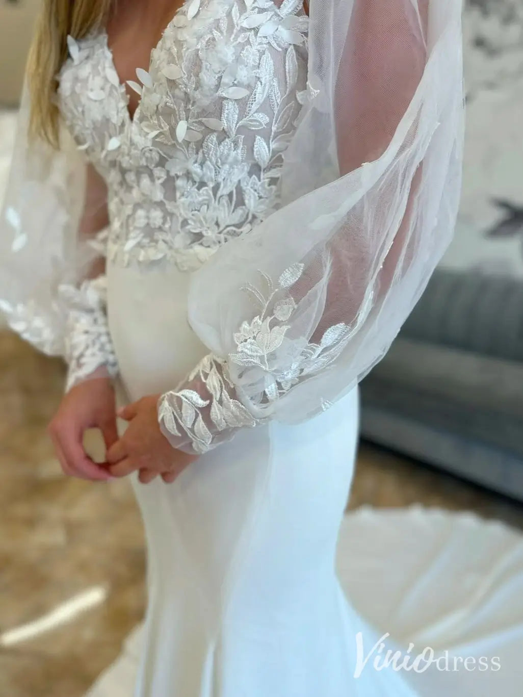 Crepe Mermaid Wedding Dress with Puff Tulle Sleeves and 3D Floral Lace Bodice – ML139-wedding dresses 2025 -Viniodress-Ivory-Custom Size-