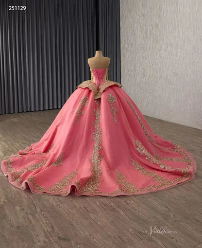 Crimson Pink Quinceañera Dress | Gold Lace Basque Waist Ball Gown with Sweetheart Neck & 1m Train 251129-Quinceanera Dresses 2025 -Viniodress-Crimson Pink-Custom Size-