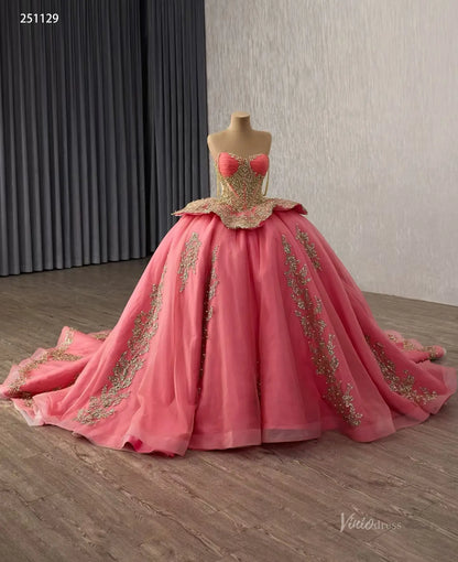 Crimson Pink Quinceañera Dress | Gold Lace Basque Waist Ball Gown with Sweetheart Neck & 1m Train 251129-Quinceanera Dresses 2025 -Viniodress-Crimson Pink-Custom Size-