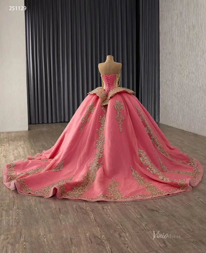 Crimson Pink Quinceañera Dress | Gold Lace Basque Waist Ball Gown with Sweetheart Neck & 1m Train 251129-Quinceanera Dresses 2025 -Viniodress-Crimson Pink-Custom Size-