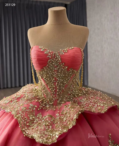 Crimson Pink Quinceañera Dress | Gold Lace Basque Waist Ball Gown with Sweetheart Neck & 1m Train 251129-Quinceanera Dresses 2025 -Viniodress-Crimson Pink-Custom Size-