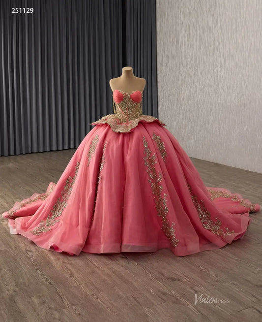 Crimson Pink Quinceañera Dress | Gold Lace Basque Waist Ball Gown with Sweetheart Neck & 1m Train 251129-Quinceanera Dresses 2025 -Viniodress-Crimson Pink-Custom Size-