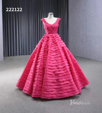 Crimson Pink Tiered Ball Gown Detachable Bolero Wedding Dresses 222122-Quinceanera Dresses 2025 -Viniodress-Pink-Custom Size-