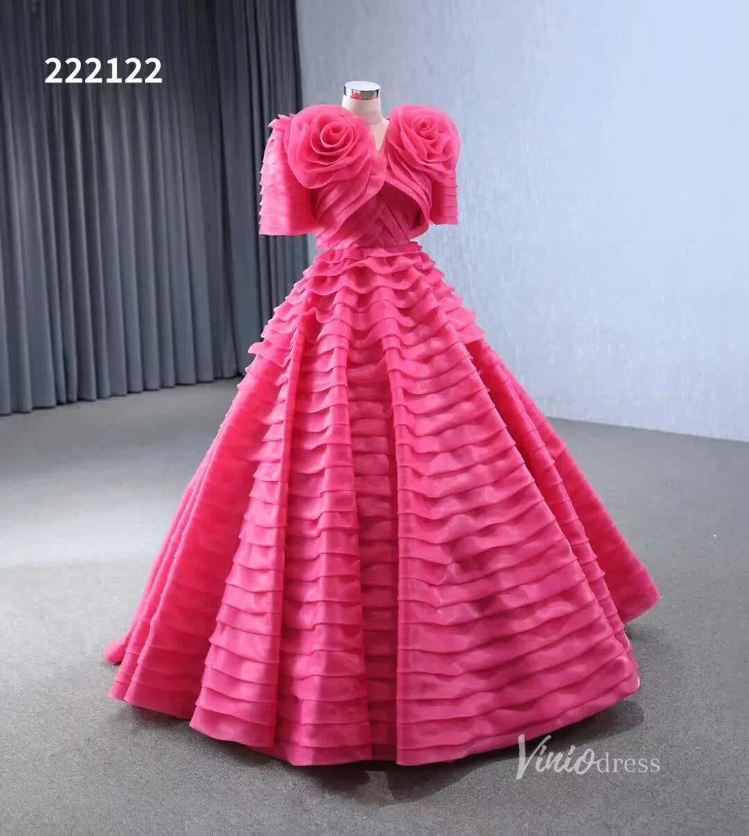 Crimson Pink Tiered Ball Gown Detachable Bolero Wedding Dresses 222122-Quinceanera Dresses 2025 -Viniodress-Pink-Custom Size-