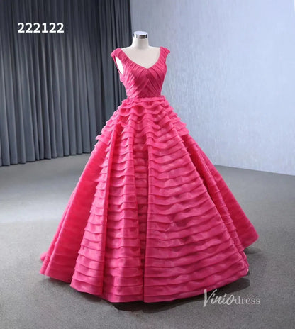 Crimson Pink Tiered Ball Gown Detachable Bolero Wedding Dresses 222122-Quinceanera Dresses 2025 -Viniodress-Pink-Custom Size-