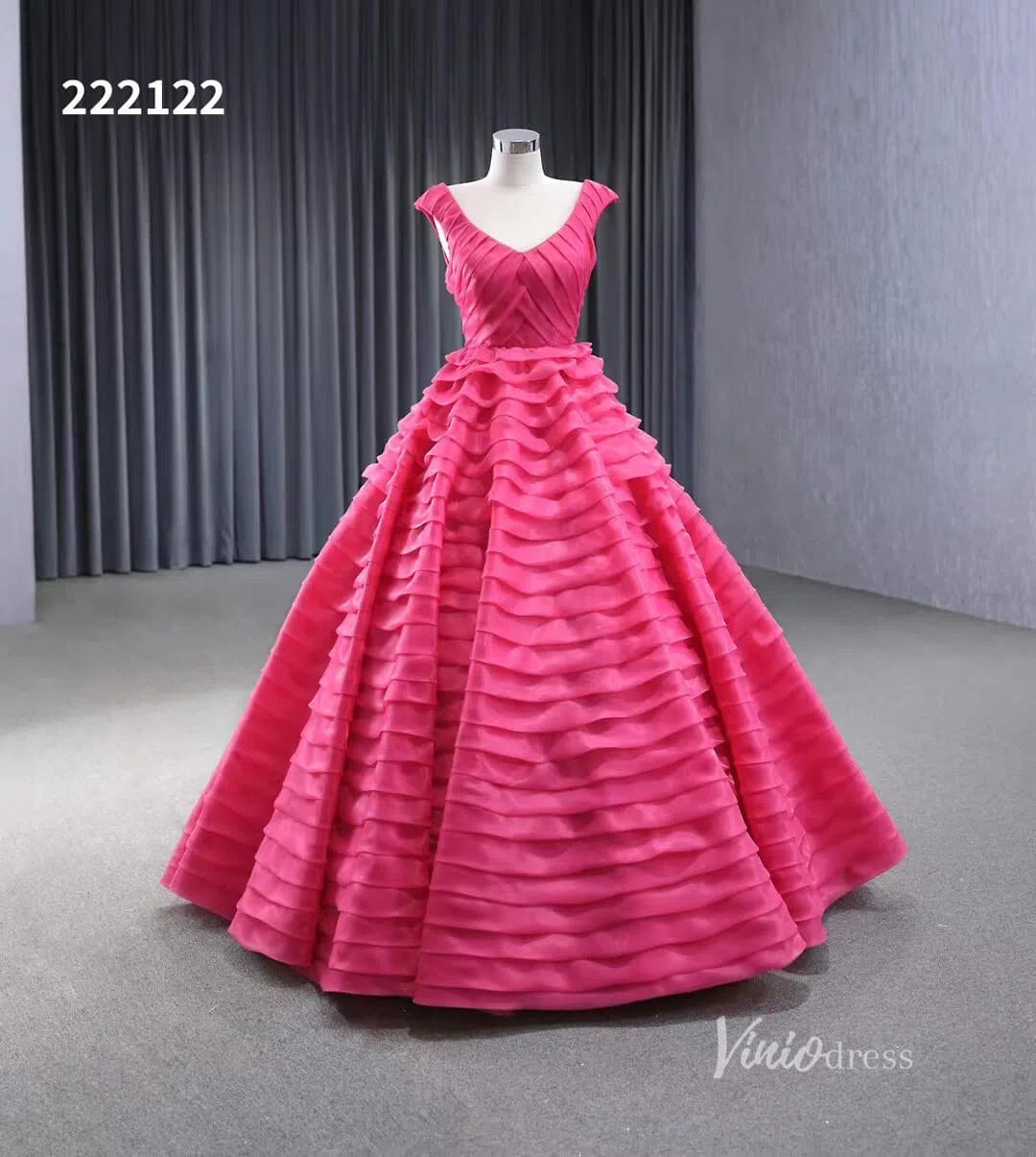 Crimson Pink Tiered Ball Gown Detachable Bolero Wedding Dresses 222122-Quinceanera Dresses-Viniodress-Viniodress