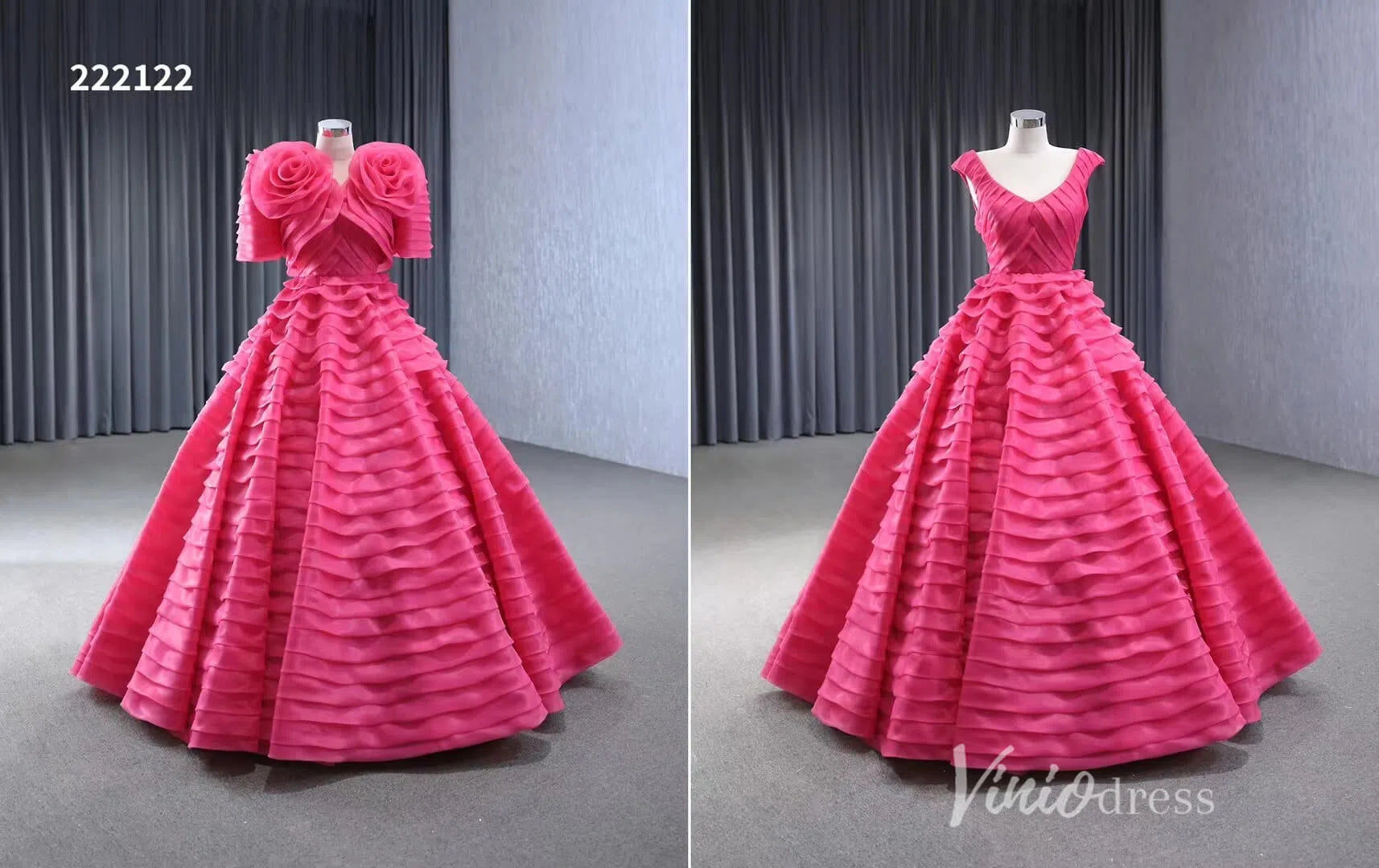 Crimson Pink Tiered Ball Gown Detachable Bolero Wedding Dresses 222122-Quinceanera Dresses-Viniodress-Viniodress